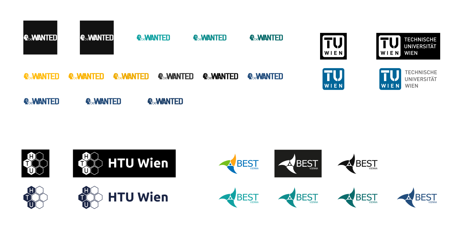 A collection of logo design iterations showcasing the necessary logos of TU WIEN, beWANTED, HTU WIEN, and BEST Vienna in various color combinations and background contrasts.