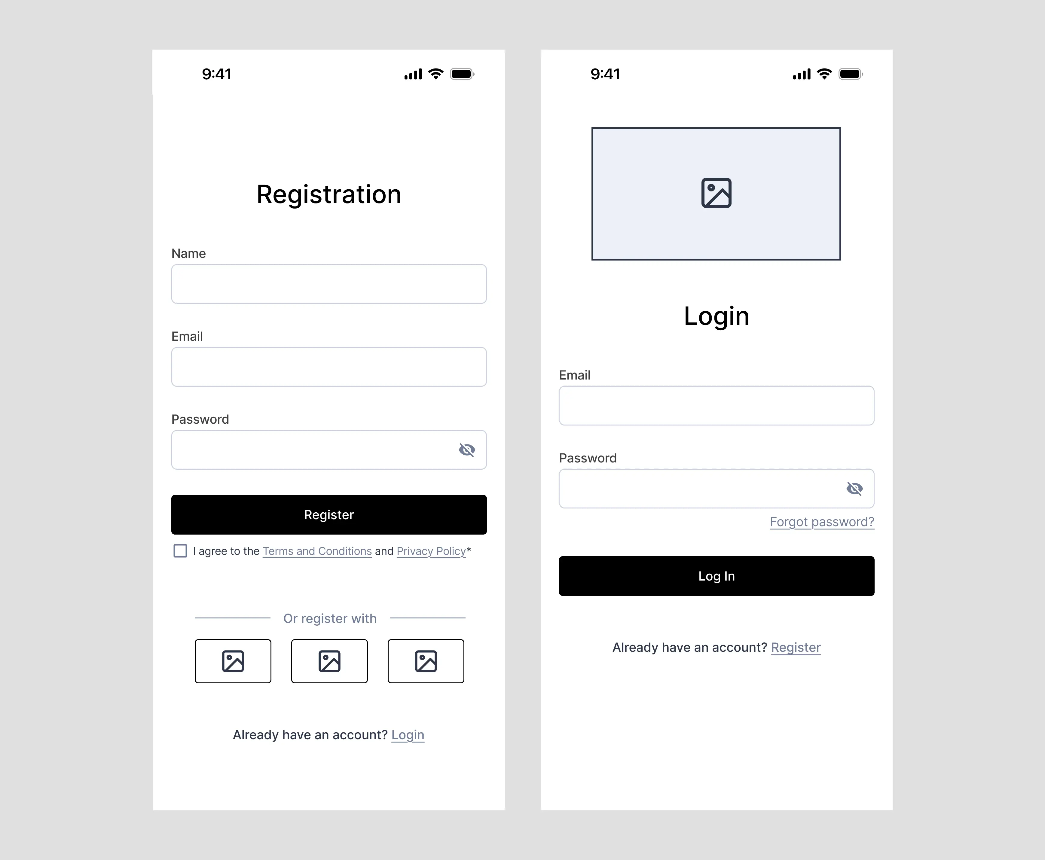 MoneyMate wireframe for login and registration screens
